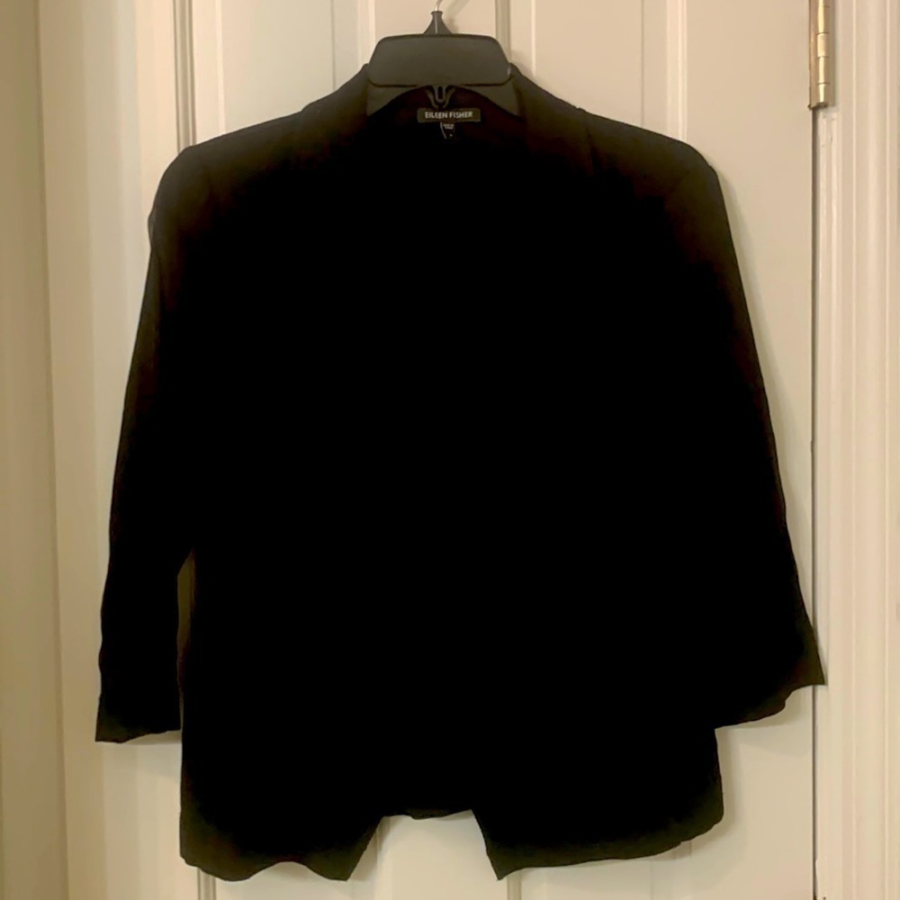 Eileen Fisher blazer 3/4 sleeves size small black pockets silk w cotton backing